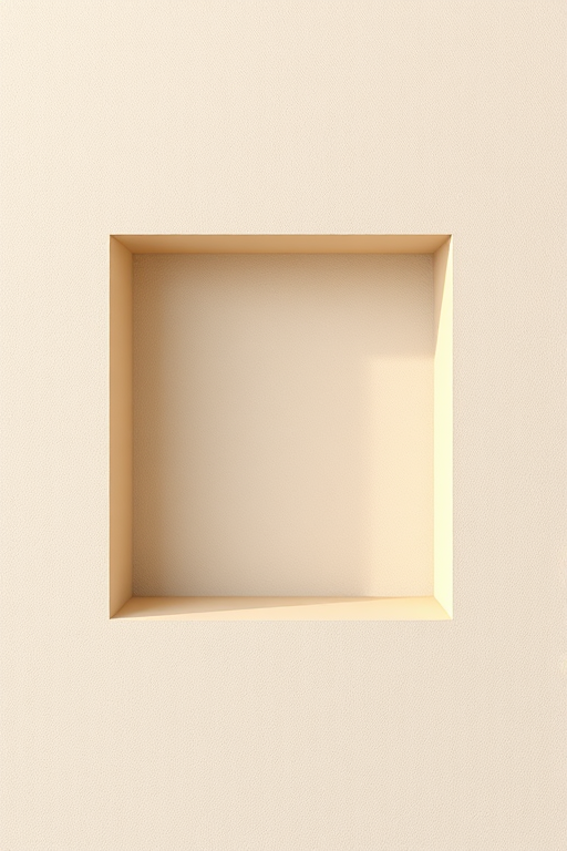 Create a realistic 3D rendering of an empty square recess in a textured beige wall, using a DSLR camera at f/8 aperture, ISO 100, 24mm focal length, with natural soft lighting from the top, shot in a top-down view.