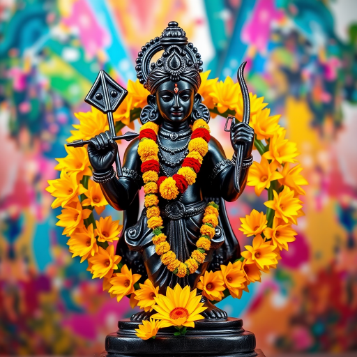 Create a highly detailed, vibrant image of a black statue of Lord Rama holding a bow and arrow, surrounded by a circular arrangement of bright yellow flowers against a colorful abstract background, captured with a DSLR camera at f/2.8, ISO 100, 50mm lens, in portrait mode for sharp focus and rich colors.