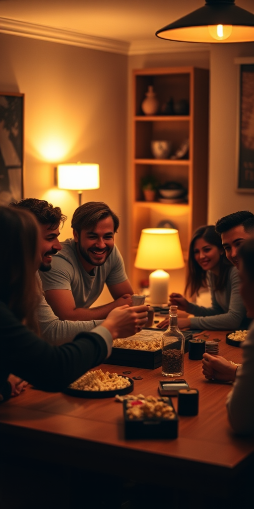 Warmly lit image of a group of friends gathered around a table for a game night, soft glow from a nearby lamp casting warm shadows, the smell of popcorn and excitement filling the room.