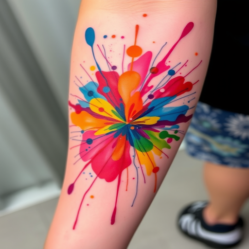 Watercolor splash tattoo called "Chromatic Explosion" showcasing vibrant bursts of color that appear to explode across the skin, with abstract shapes and fluid lines blending seamlessly into one another, creating a dynamic and energetic composition