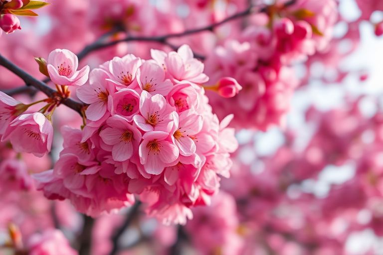 Regenerate a vibrant cherry blossom tree with a focus on rich pink hues and detailed textures, captured with a DSLR camera at f/2.8 aperture, ISO 100, 50mm lens, in soft natural light, showcasing a shallow depth of field against a blurred background.