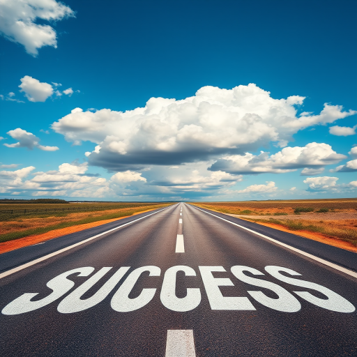 A long, straight road leading towards a bright blue sky with fluffy white clouds, the word "SUCCESS" painted large on the pavement, captured with a DSLR camera, 24mm lens, aperture f/8, ISO 100, shot during golden hour for enhanced lighting and color saturation.