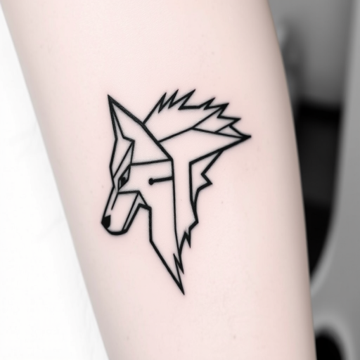 Minimalist blackwork tattoo showcasing geometric shapes forming a sleek wolf silhouette, bold lines and dotwork shading, stark contrast against skin, precise symmetry and balance