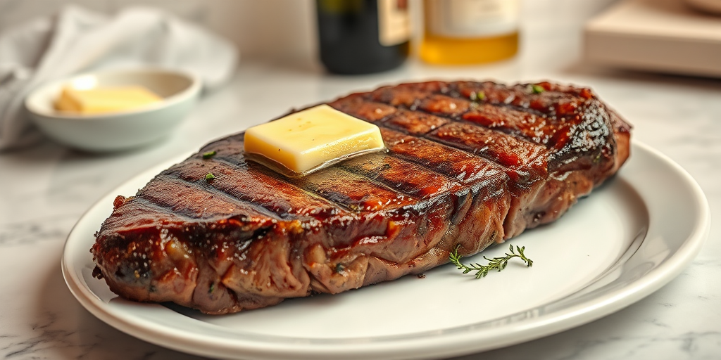 Create an image of a perfectly seared ribeye steak, resting on a white plate with a pat of melting butter on top. The steak is seasoned with fresh herbs like thyme and parsley, with glistening juices highlighting the texture of the meat. The background features a soft focus on a light, marble countertop, with a small dish of butter and an olive oil bottle in the distance. The overall mood should be warm and inviting, capturing the deliciousness and juiciness of the steak.