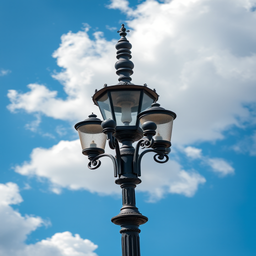 Generate a high-resolution image of an ornate street lamp with five glass lanterns, set against a bright blue sky with fluffy white clouds, captured with a DSLR camera, 50mm lens, f/2.8 aperture, 1/200s shutter speed, ISO 100, natural lighting.