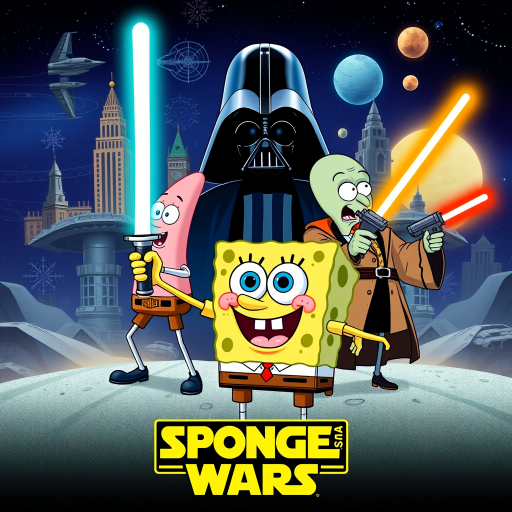 Create a parody of the Star Wars poster with SpongeBob as Luke Skywalker, holding a glowing spatula like a lightsaber. Patrick Star takes the role of Han Solo, holding a blaster, while Squidward is Obi-Wan Kenobi, draped in robes. In the background, Plankton appears as Darth Vader, with Bikini Bottom’s landmarks reimagined as spaceships and planets. The iconic Star Wars logo is swapped for "Sponge Wars," creating a playful, sci-fi adventure scene.