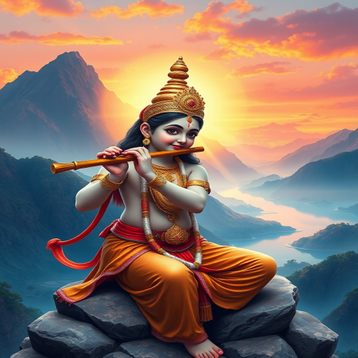 Generate a high-resolution digital artwork of a young deity playing the flute, surrounded by a serene landscape with mountains and water, capturing vibrant colors and intricate details, using a Canon EOS R5, 85mm f/1.2 lens, aperture set to f/2.8, ISO 100, and a natural lighting style.
