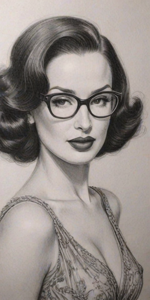 Comely Dita Von Teese, pencil sketch, portrait of Appealing woman 1931s in glasses, hair style beatnik, outline, clear lines, fine lines, 8k
