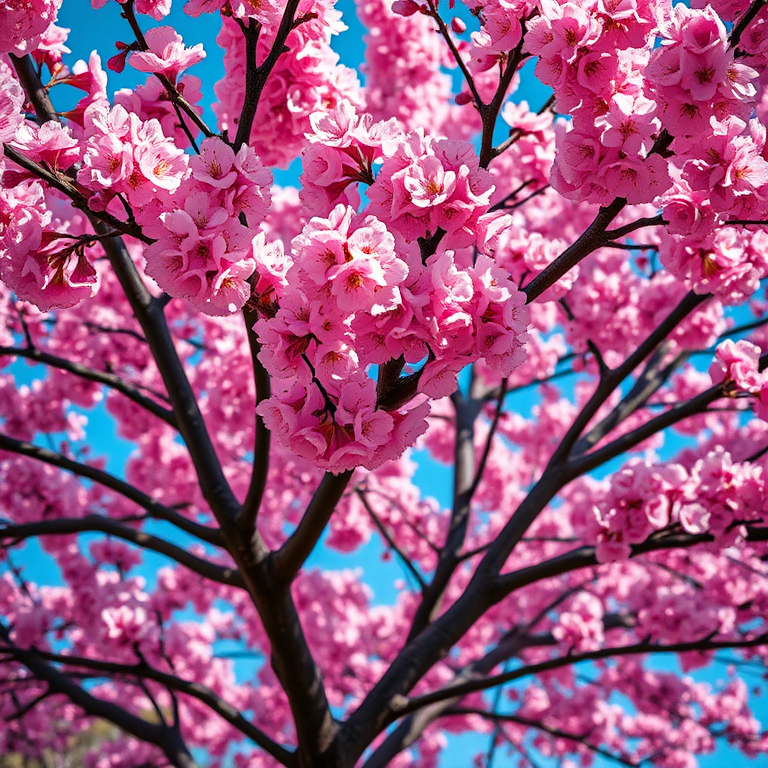 A vibrant cherry blossom tree in full bloom captured with a Canon EOS 5D Mark IV at f/4, ISO 100, 1/200 sec, 50mm lens, shot from a low angle to emphasize height and detail, vivid colors and sharp focus.