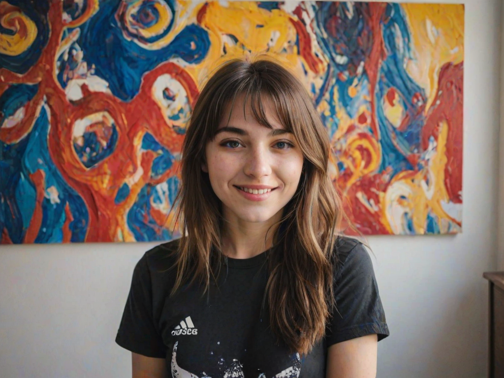 A casual selfie photo taken indoors featuring a young woman standing in front of colorful artwork, with natural daylight softly illuminating her face, and a warm, inviting color palette. The woman has light skin with visible natural textures like pores and a few light freckles. She has a medium build with shoulder-length, slightly wavy dark brown hair styled in loose layers with bangs. Her expression is friendly, with a subtle smile and bright eyes gazing directly into the camera, creating a relaxed and engaging atmosphere. She wears a black Adidas t-shirt with a prominent white logo, and the soft natural light creates a gentle glow on her face, enhancing her facial features without harsh shadows. The background showcases several vibrant, abstract paintings hung on a white wall, adding splashes of color that contrast with her dark outfit. The artwork features a variety of patterns and colors, including reds, blues, and yellows, contributing to an artistic and creative vibe. The overall composition captures the casual and personal nature of the selfie, with the subject standing at arm's length from the camera, centered within the frame, and sharp details throughout, emphasizing both her expression and the lively setting behind her