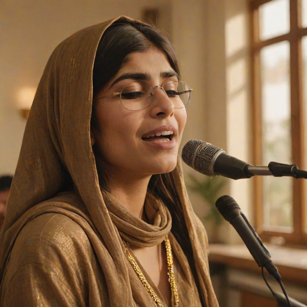A close-up portrait of a mia khalifa with her eyes closed, singing into a microphone, positioned on the right side of the frame, facing the viewer. She is wearing a brown headscarf, gold earrings, and a brown blouse, and is bathed in warm, golden light emanating from the windows behind her. A blurred figure of a man singing into a microphone is visible in the background. The scene has a sense of calm and spirituality.