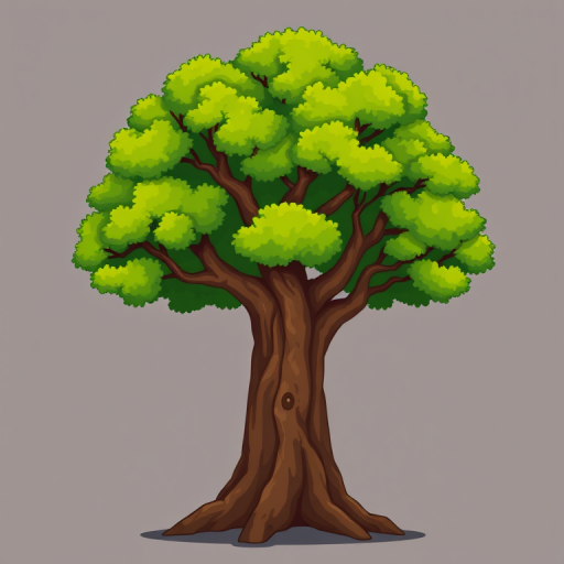 Create a detailed vector illustration of a stylized tree with a thick brown trunk and a vibrant green canopy, using a high-resolution setting of 300 DPI, shot from a slightly elevated angle to showcase its full form, in a digital art style with rich colors and smooth gradients.