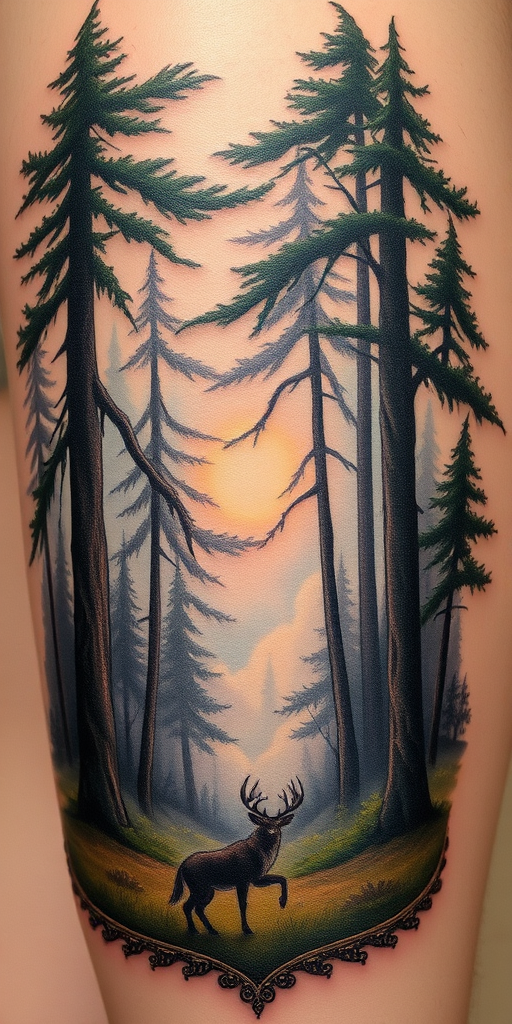 Realistic forest scene tattoo showcasing a misty landscape with towering trees, hidden wildlife, and dappled sunlight, capturing the serene atmosphere of an enchanted woodland