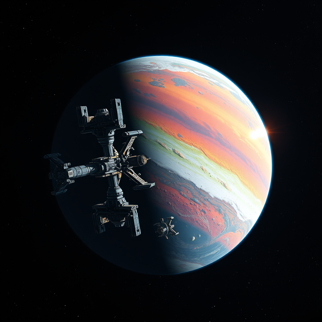 A futuristic space station orbiting a vibrant planet, captured with a DSLR camera at f/8 aperture, ISO 100, 24mm focal length, using a wide-angle lens for a panoramic view, high dynamic range to enhance details in shadows and highlights.