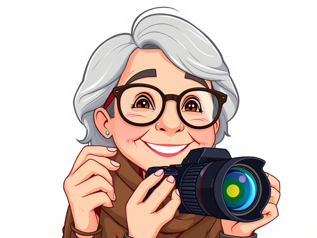 Generate a cartoon illustration of a cheerful elderly woman with glasses and gray hair, wearing a scarf, set against a plain white background, using a DSLR camera with a 50mm lens, aperture f/1.8, ISO 200, and a soft focus style to enhance the image quality.