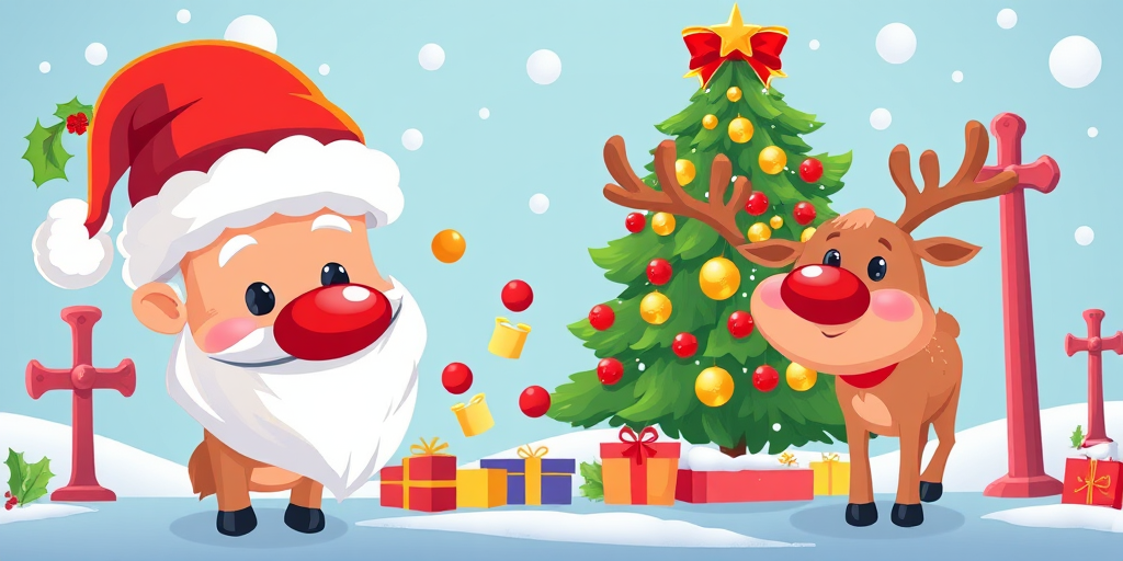 Create a colorful illustration of a festive holiday scene featuring a cartoon Santa Claus, a Santa hat, two reindeer with red noses, a Christmas tree, holly, and decorative crosses, captured with a 50mm lens at f/2.8, shot from eye level with a bright, cheerful color palette in a digital art style.