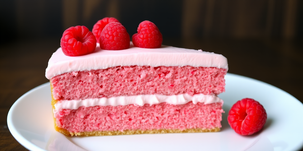A delicious slice of raspberry cake featuring a vibrant pink sponge layer topped with fluffy raspberry cream frosting garnished with fresh raspberries served on a white plate with a dark wooden background.