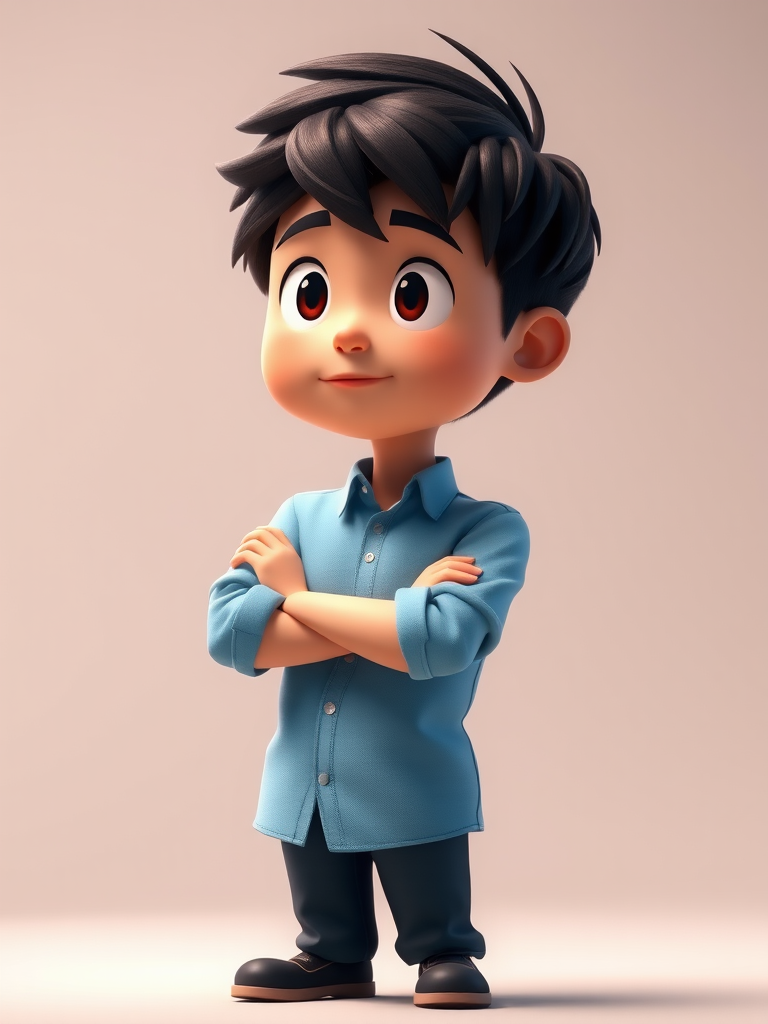 Create a high-resolution image of a thoughtful animated character in a light blue shirt, standing with arms crossed and a contemplative expression, captured with a DSLR camera at f/2.8, ISO 100, 50mm lens, in a soft light studio setting for enhanced detail and quality.