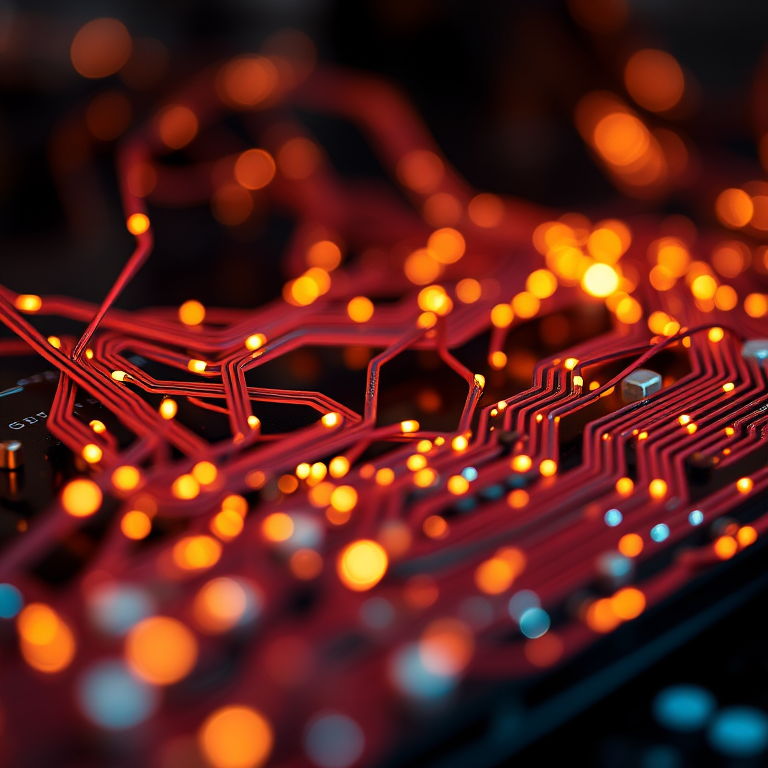 Generate a high-resolution close-up image of intricate glowing circuit wires with a dark, reflective background, using a Canon EOS R5 with a 50mm lens, aperture f/1.8, ISO 100, and a soft-focus bokeh effect to enhance the depth and detail.