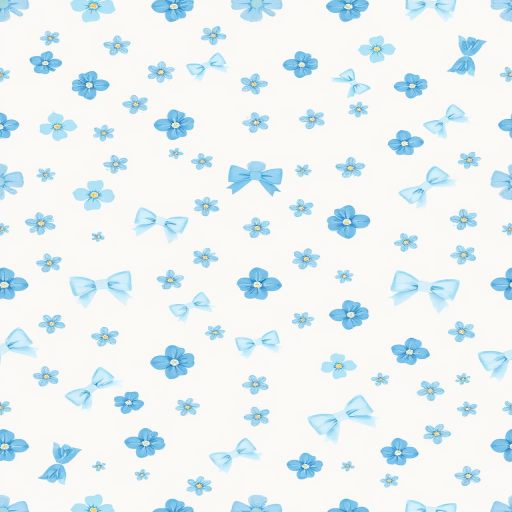 Create a seamless pattern featuring small blue flowers and light blue bows on a white background. The flowers should vary in size and shape, while the bows should be evenly spaced throughout the design, creating a delicate and charming aesthetic.