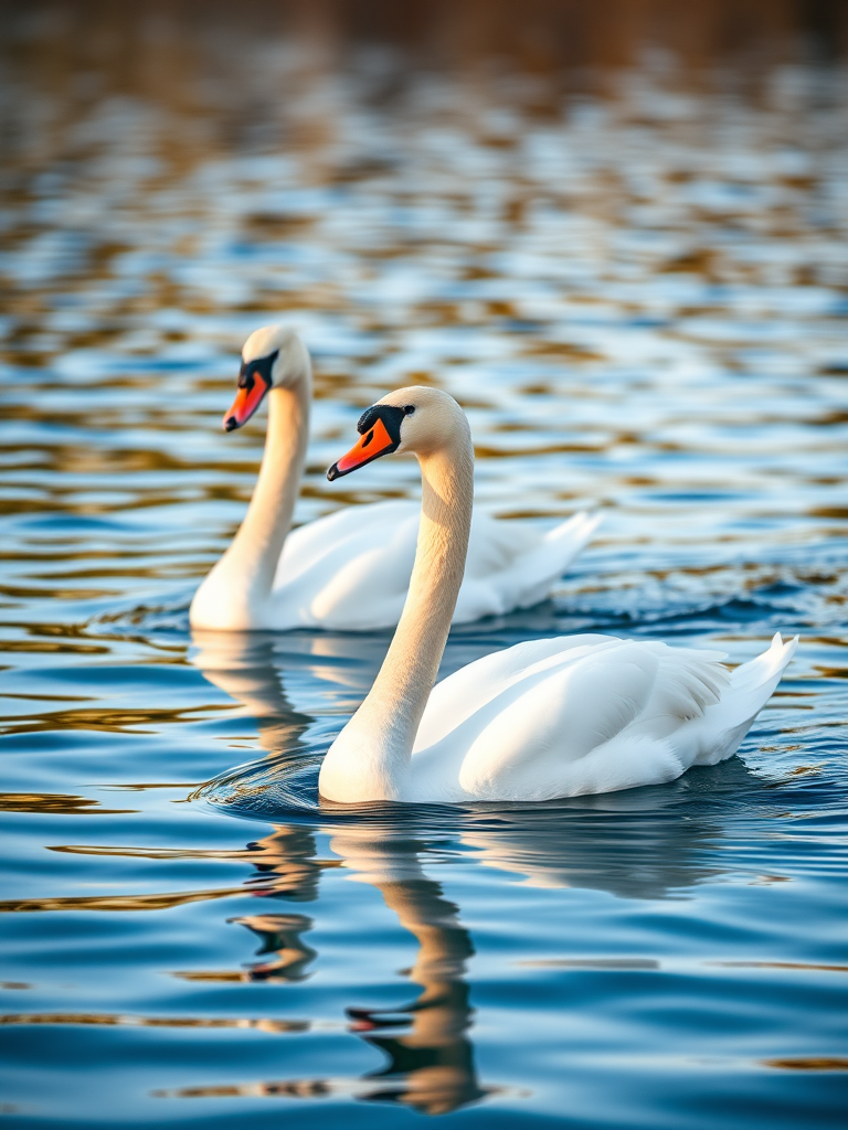 capture a serene image of two swans swimming gently in clear blue waters during golden hour with a shallow depth of field, focal length 85mm, aperture f/2.8, ISO 200, shutter speed 1/200s, using a DSLR camera with a 50mm lens, soft natural lighting, and a slight reflection on the water surface