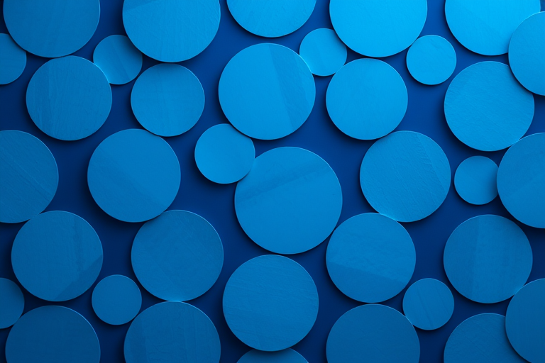 Create a seamless pattern of overlapping blue circular shapes on a deep blue background, with strong contrast and smooth textures, captured with a DSLR camera, aperture f/8, ISO 100, 50mm lens, top-down view, high dynamic range.