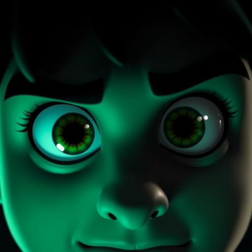 Create an image of intense green cartoon eyes with a dark background, using a DSLR camera, focal length of 50mm, aperture set to f/1.8, ISO 200, shallow depth of field, and soft lighting to enhance the features and create a dramatic effect.