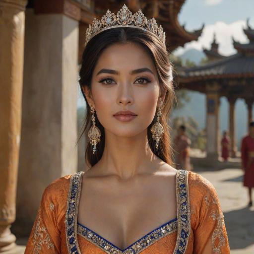 A gorgeous Bhutanese woman in a luxurious orange gown, accessorized with a dazzling tiara and statement earrings, her deep blue eyes highlighted by impeccable makeup, poised in a royal setting, photorealistic, 8K quality