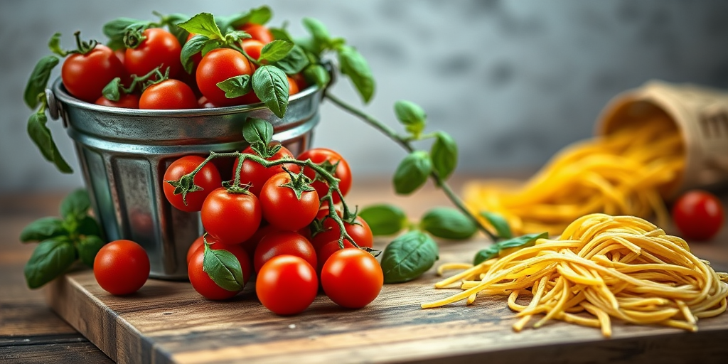 still life of fresh cherry tomatoes in a vintage bucket with basil leaves and pasta on a wooden cutting board, soft natural lighting, shallow depth of field, DSLR camera, 50mm lens, aperture f/1.8, ISO 200, Lightroom editing for enhanced colors and contrast