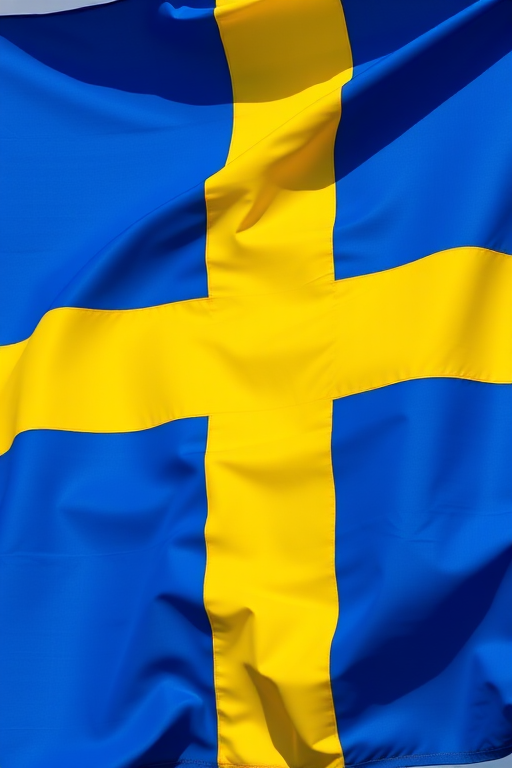 Create an image of the Swedish flag with vibrant colors, using a DSLR camera with a 50mm lens at f/4, 1/200s shutter speed, and ISO 100, shot in daylight from a straight-on perspective.