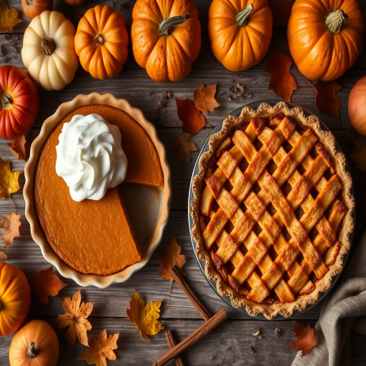 A cozy autumn scene featuring a beautifully arranged tabletop with two types of pie one being a pumpkin pie topped with whipped cream and the other a lattice apple pie surrounded by fresh apples pumpkins cinnamon sticks and scattered leaves in warm earthy tones