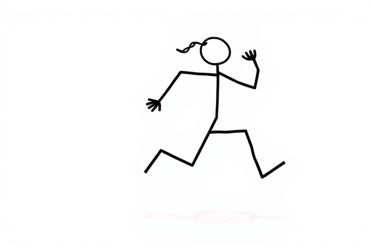 A stick figure running with exaggerated limb movement, dynamic pose, bright background, shot with a Canon EOS R5, f/4.0 aperture, 1/2000s shutter speed, 24mm lens, high contrast colors, minimal shadow for clarity.