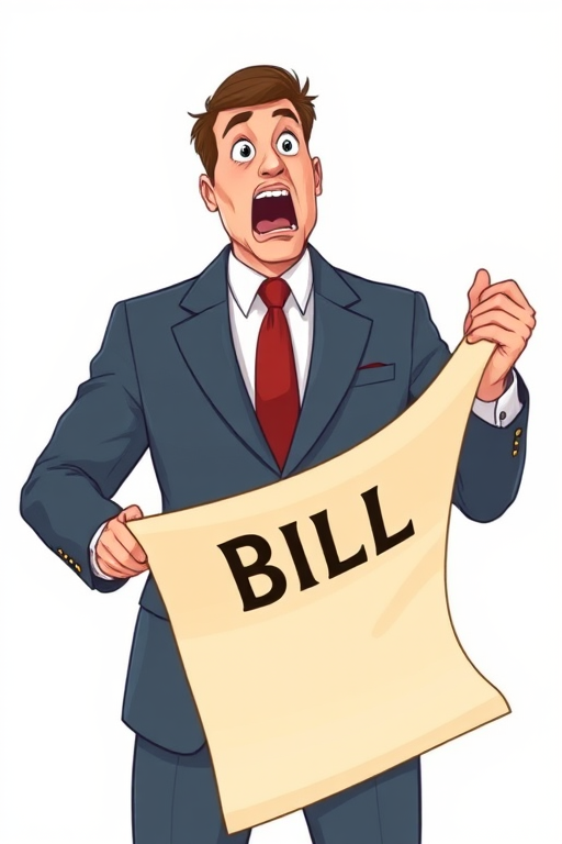 Create an illustration of a man in a suit looking surprised as he holds a long scroll labeled BILL, use a clean vector art style, set in a bright and minimalist background, camera settings: f/5.6, ISO 100, shutter speed 1/250s, camera view: eye level, camera style: front view, camera type: digital illustration.