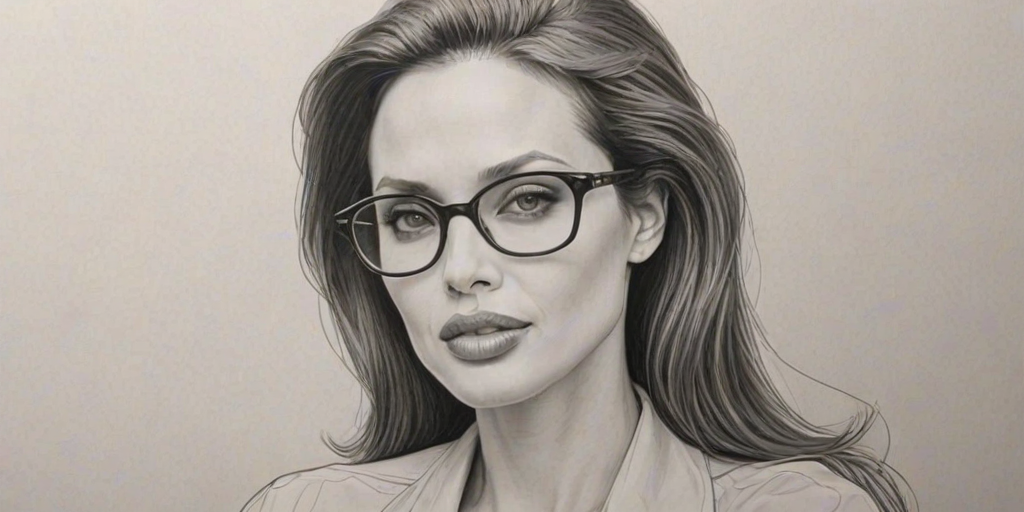 Resplendent Angelina Jolie, pencil sketch, portrait of Exquisite woman 1962s in glasses, hair style beatnik, outline, clear lines, fine lines, 8k