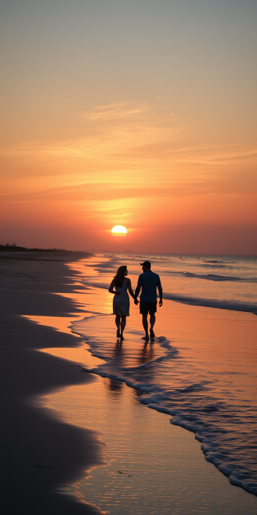 Tranquil beach scene at sunset, with a couple walking hand in hand along the shoreline, the sky painted in warm colors, and gentle waves lapping at their feet, creating a romantic atmosphere.