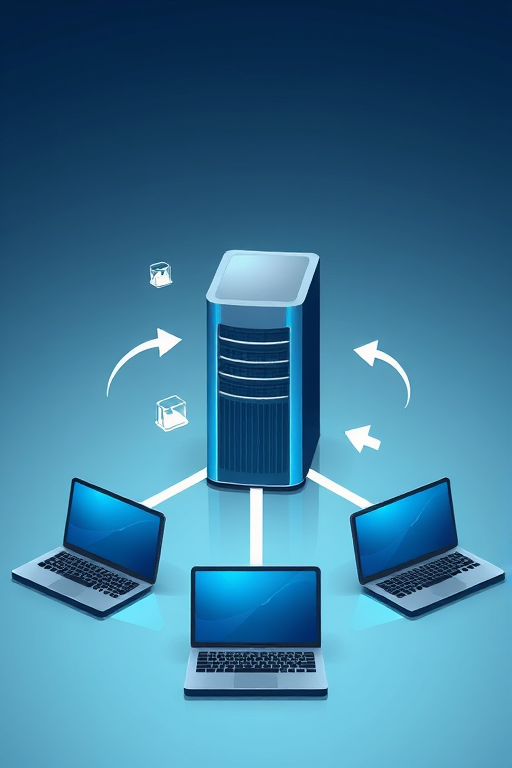 Generate an illustration of a central server interacting with multiple laptops, with arrows showing data flow, using a high-resolution digital illustration style, captured with a 50mm lens at f/2.8, ISO 100, and a soft focus background to enhance foreground clarity.