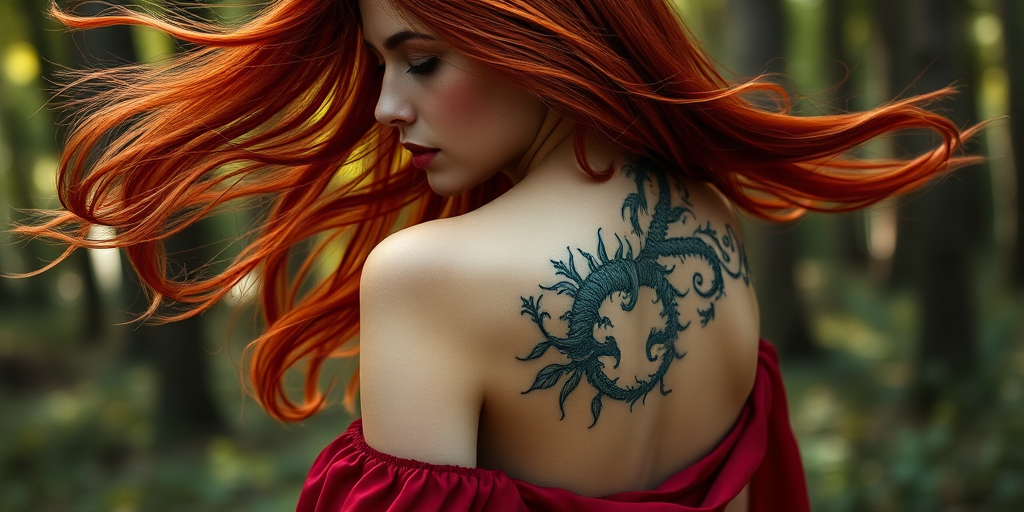 female model with flowing red hair, intricate green and black tattoo on back, wearing a flowing deep red dress, ethereal forest background, soft natural lighting, DSLR camera, 50mm lens, f/1.8 aperture, ISO 100, shot at 85mm perspective, high dynamic range, shallow depth of field