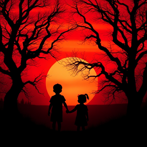 Generate a silhouette of two children holding hands against a vibrant red sunset, with dark, twisted trees framing the scene, using a DSLR camera at ISO 100, aperture f/8, shutter speed 1/200 sec, with a wide-angle lens for an expansive view, shot in high dynamic range for enhanced color depth.