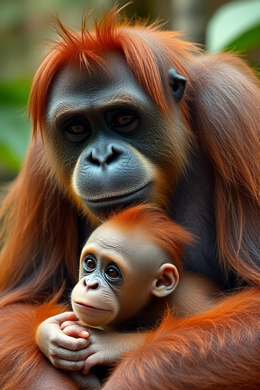 Create a detailed, high-resolution image of a mother orangutan with her baby, showcasing their expressions and fur texture in a natural habitat setting, using a Canon EOS R5 with a 85mm f/1.2 lens, aperture set to f/2.8, ISO 100, and a shallow depth of field to create a soft background blur.
