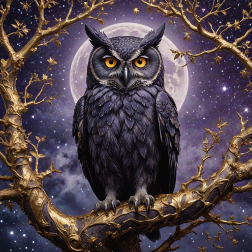 obsidian stone owl on a lush ral-frctlgmtry tree, very detailed eyes, full moon and stars in the sky, purple hues, dreamlike, glowing edges, mystical, high contrast, ethereal light, gold leaf