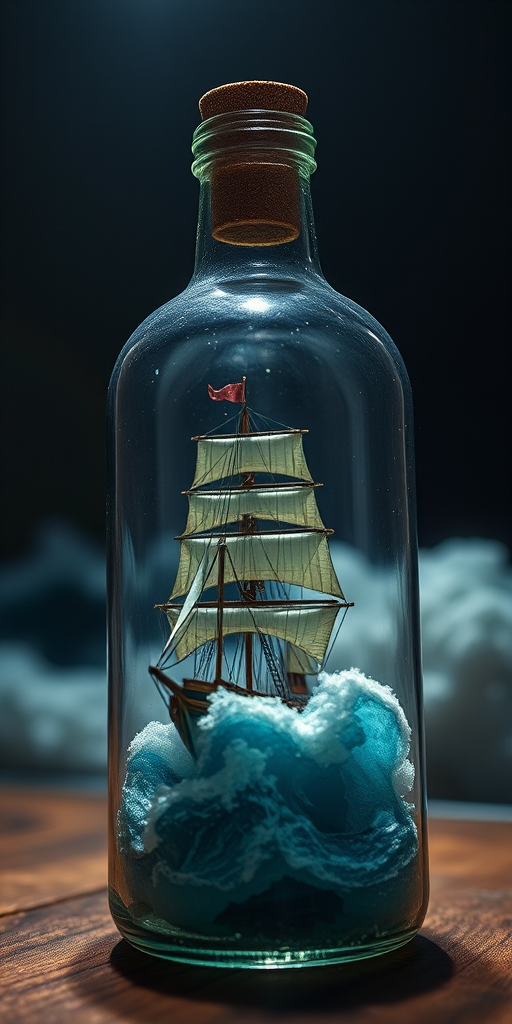 Create a detailed image of a sailing ship inside a glass bottle, capturing tumultuous ocean waves and dramatic lighting from above, using a DSLR camera, 50mm lens, f/1.8 aperture, ISO 100, and a low-angle view to emphasize depth and detail.