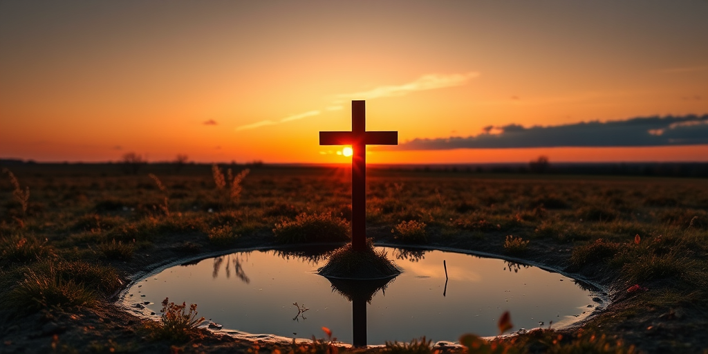 sunset over a serene landscape with a cross silhouette reflecting in a shallow puddle, soft focus, warm tones, f/8 aperture, ISO 100, 1/125 sec shutter speed, wide-angle lens, DSLR camera