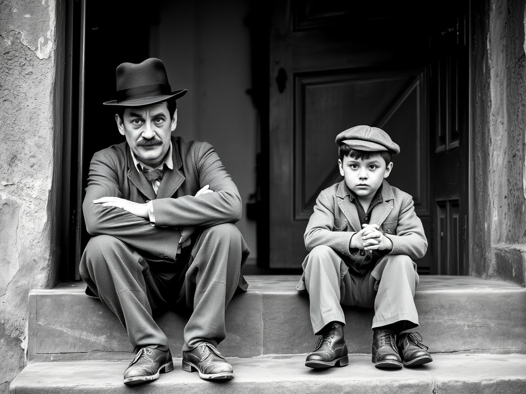 A black-and-white photograph of a man and a child sitting on steps in front of a doorway. The man is dressed as a tramp with a bowler hat, mustache, and ragged clothes, reminiscent of Charlie Chaplin's iconic look. He is sitting with his arms crossed and an expression of slight sadness or frustration. Next to him is a young boy, also in worn clothes and a cap, sitting with his hands clasped, looking thoughtful. The background is an old, textured wall and a partially open door, creating a vintage, early 20th-century atmosphere.
