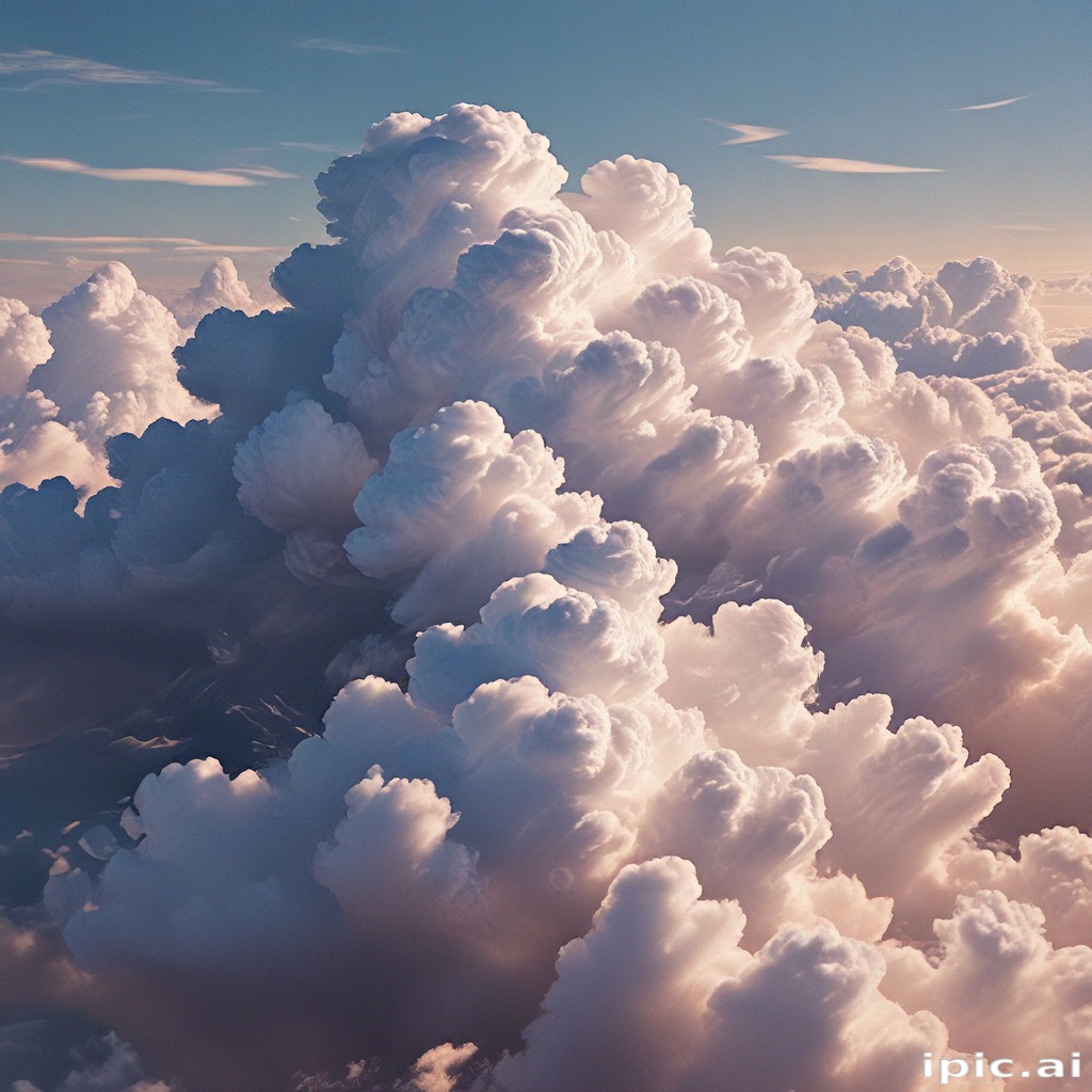 Majestic Fluffy Clouds Illuminated by Soft Sunlight in a Serene Sky