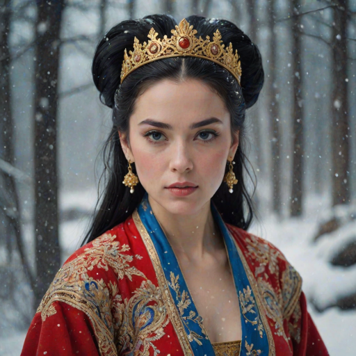 A young woman with long black hair styled in a high bun, adorned with a gold crown and intricate hair ornaments, stares intently at the viewer. She wears a vibrant red and gold embroidered robe with blue accents, a gold belt with a large ornate buckle, and a blue and gold shoulder piece. The woman is positioned in the center of the frame, with the background blurred and filled with falling snow. The image has a soft, ethereal feel with a focus on the woman's face and attire, creating a portrait-like composition. The colors are rich and saturated, with the red, gold, and blue of the clothing standing out against the muted blue and white of the snowy backdrop. The lighting is soft and diffused, casting a warm glow on the woman's face.  The overall mood is elegant and mysterious.  The details of the woman's attire, especially the intricate embroidery and embellishments, add a sense of opulence and grandeur.  The falling snow further enhances the sense of winter magic and wonder.