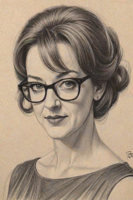 Attractive Joan Cusack, pencil sketch, portrait of Magnificent woman 1964s in glasses, hair style beatnik, outline, clear lines, fine lines, 8k