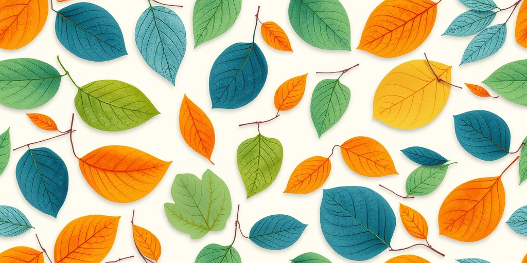 create a seamless pattern featuring stylized leaves in various shades of blue, green, and orange set against a light background, shot with a Canon EOS 5D Mark IV, 50mm lens, f/2.8 aperture, ISO 100, natural lighting, high-resolution, flat lay perspective