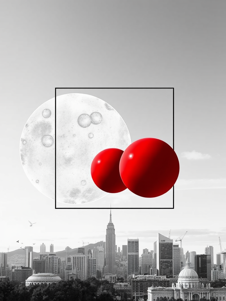 Create an abstract art piece featuring large geometric shapes, two red spheres, and a city skyline in grayscale, captured with a high-resolution DSLR camera, lens aperture set to f/2.8, ISO 100, shot from a wide-angle view to enhance depth and perspective.