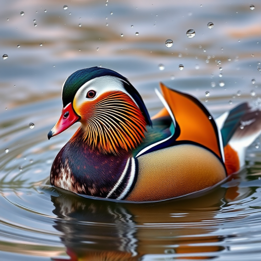 Capture a high-resolution image of a mandarin duck splashing in water with droplets flying around, using a DSLR camera, 300mm lens, f/2.8 aperture, 1/1000 sec shutter speed, and ISO 400 for optimal clarity and detail.