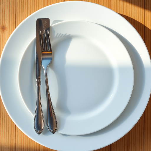 Create a high-resolution image of an empty dinner plate with a fork, knife, and spoon arranged elegantly, using a DSLR camera at f/1.8 aperture, ISO 100, 50mm lens, 1/200s shutter speed, shot from a top-down view with natural lighting for soft shadows.